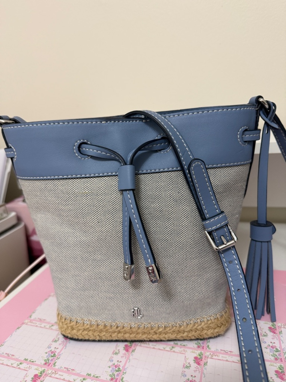 Ralph Lauren Light Blue Trim Canvas Crossbody Bucket Bag